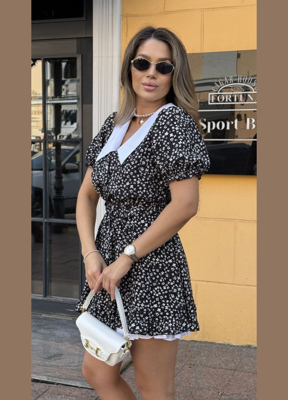 Черно-белое праздничный, повседневный женское платье 2 в 1 с шортами. Avanti с цветочным принтом