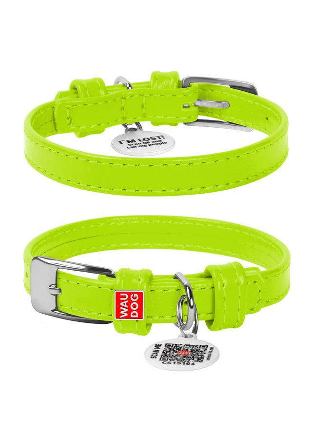 Нашийник для собак шкіряний Glamour з QR паспортом, без прикрас,, Ш 12 мм, Дов 21-29 см салатовий WAUDOG (322001339)