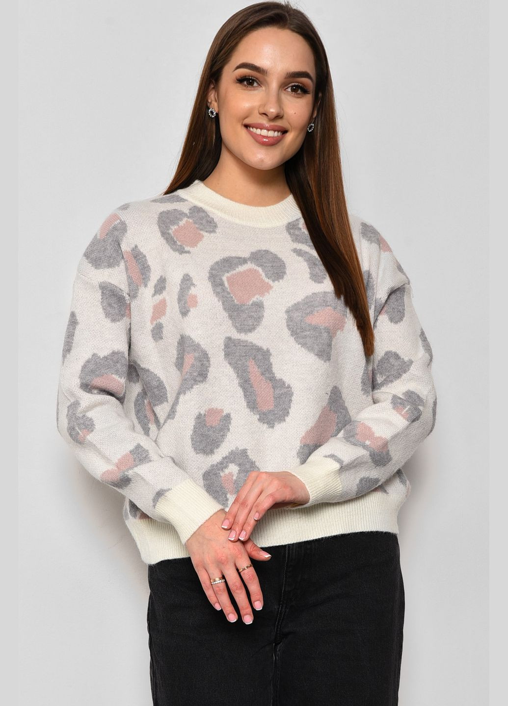 Білий зимовий светр жіночий з принтом білого кольору пуловер Let's Shop