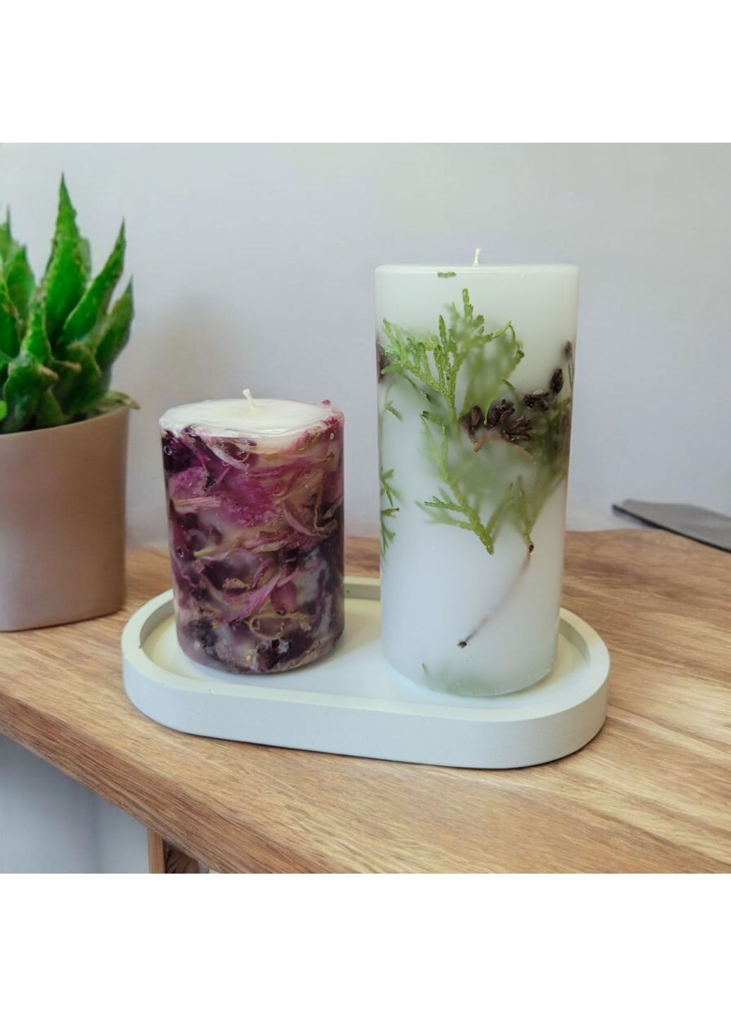 Свечи ручной работы набор декоративных свечей в наборе из 2 шт на подставке с хвоей и лепестками пиона Handmade Studio - AV (368668734)