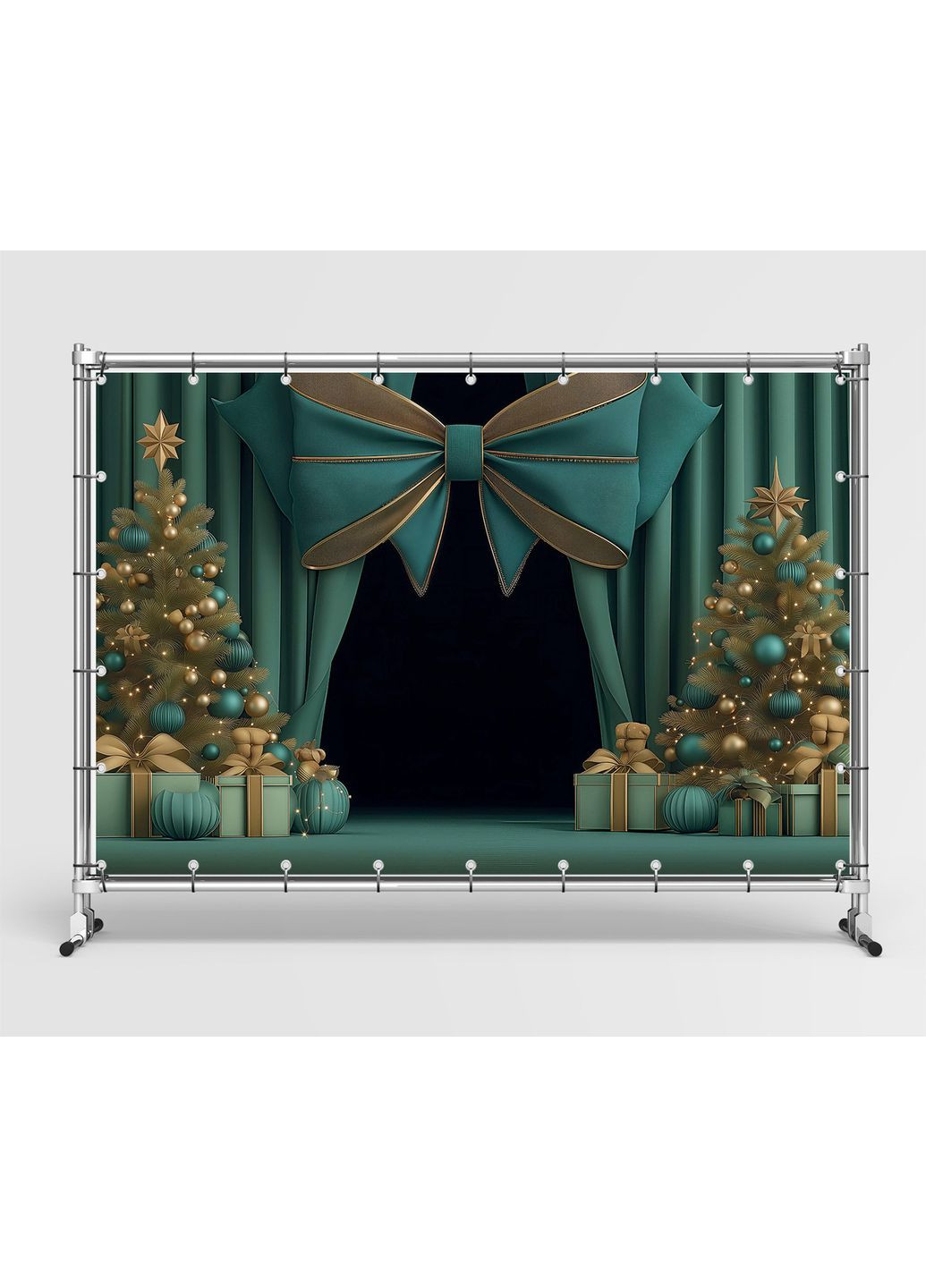 Баннер-фотозона Зелёный с бирюзовым бантом и ёлками – №46518 Vinylpex (369930057)