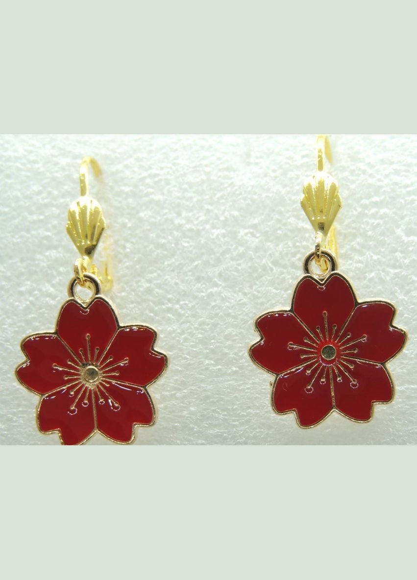 Серьги серьги европейские Красные цветочки эмаль 3.6 см золотистые Liresmina Jewelry (285110940)