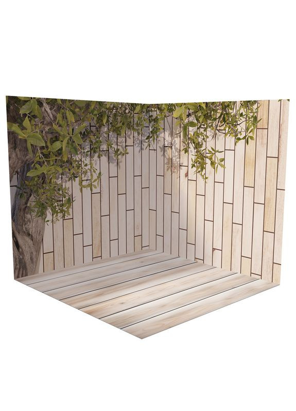 Виниловый фотофон 3D угловой, кирпичная стена с зеленью, пол светлое дерево и искусственная трава, 50×50 см, №58360 PhotoVinyl (354360579)