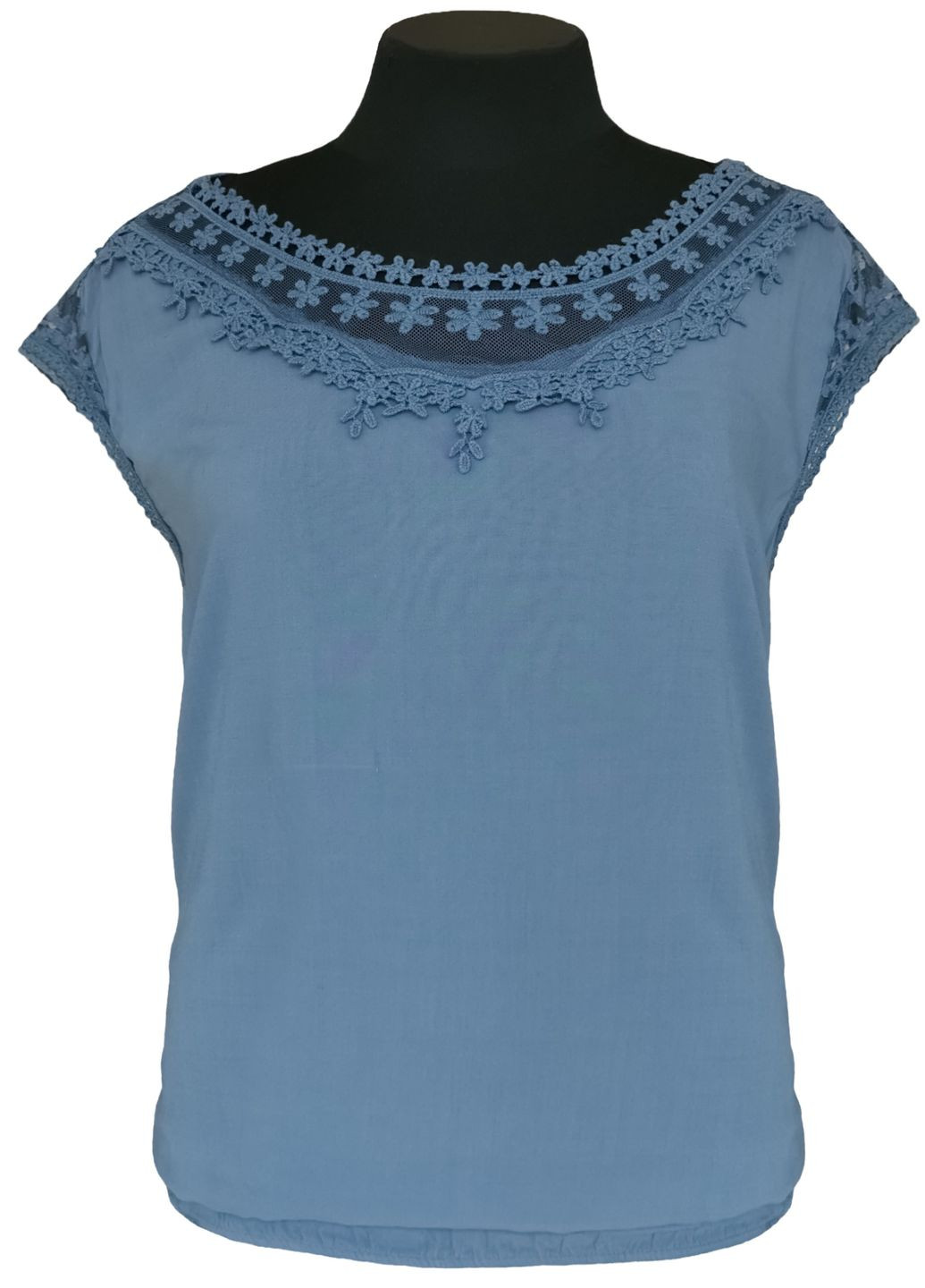 Синяя блузка женская летняя вискозная с коротким рукавом и кружевом маренго free size No Brand