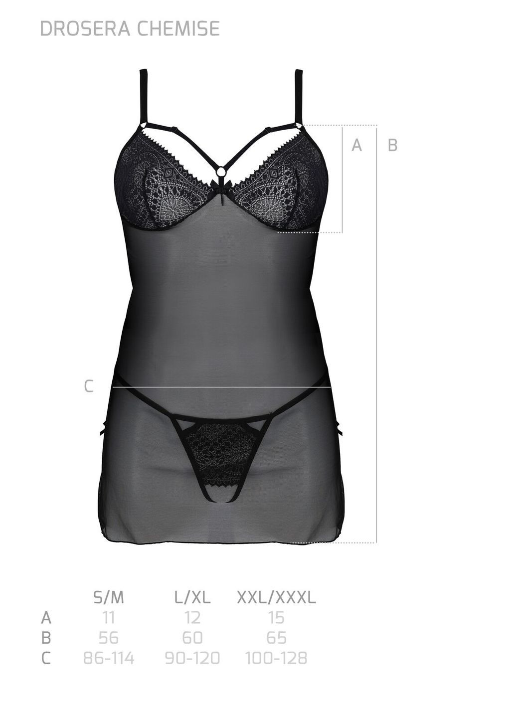 Пеньюар DROSERA CHEMISE black,, мереживний ліф зі стрепами, трусики в комплекті - CherryLove Passion (339868392)