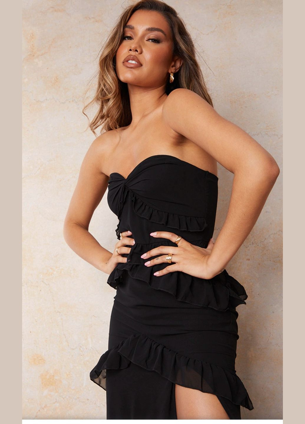 Черное платье макси с оборками PrettyLittleThing