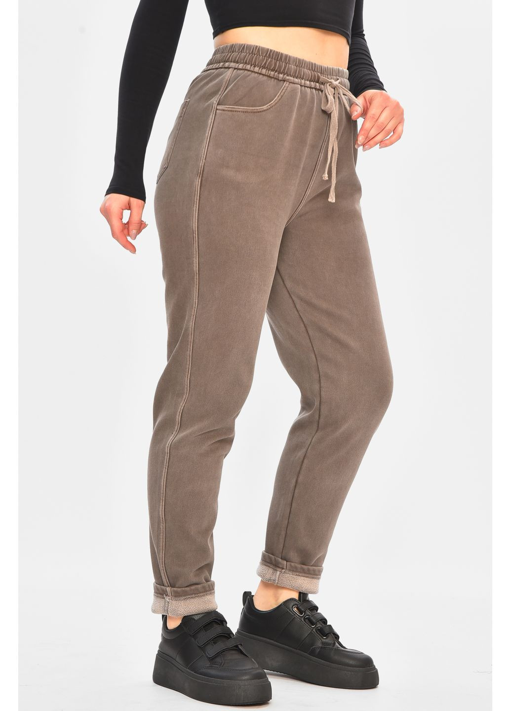 Штани жіночі однотонні на флісі коричневого кольору Let's Shop (368540544)