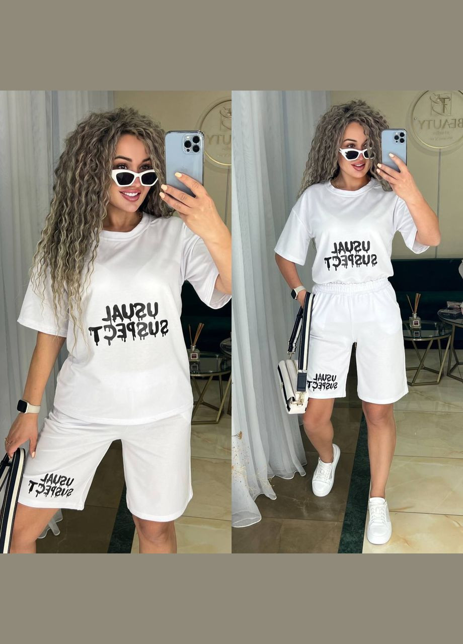 Повсякденний літній білий костюм двійка з двонитки, якісний костюм із накатом "міккі-мауса" на спині No Brand 2003 (298343842)