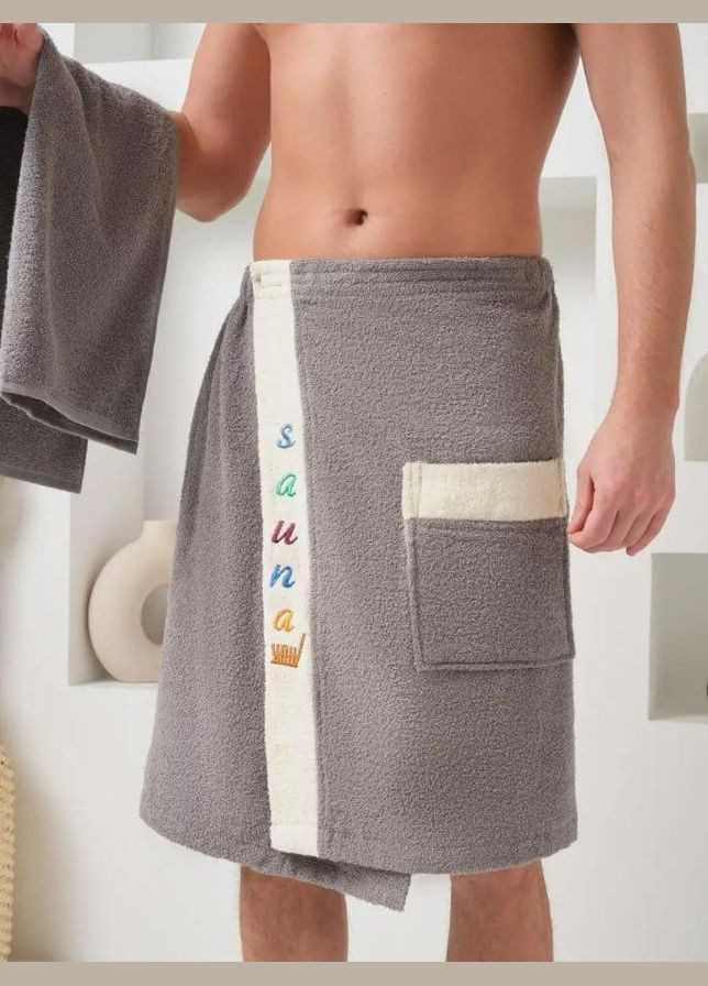 Чоловічий рушник для сауни набір Махра сірий (П4К-Msauna001-55) No Brand напис сірий