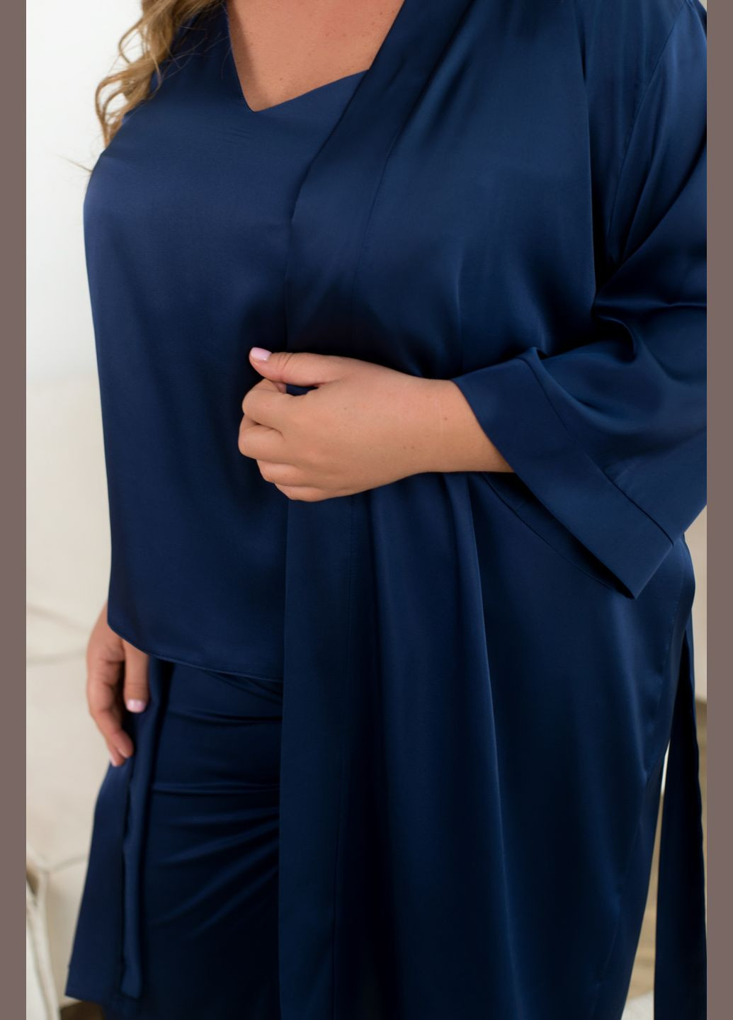 Темно-синяя всесезон домашний шелковый костюм 3-ка Minova