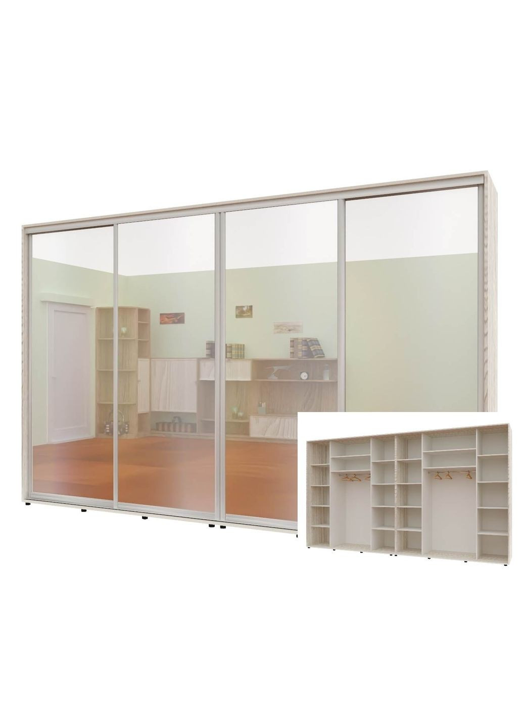 Шкаф-купе четырехдверный Комфорт Мебель 340*60*220 см Дуб Беленый 4 двери Зеркало Макси Комфорт Меблі (360435918)