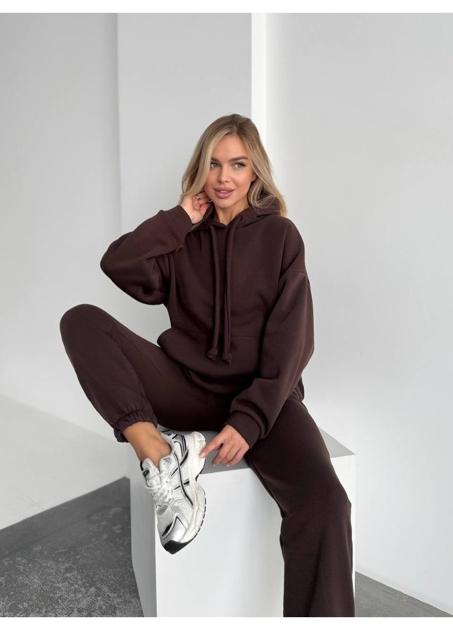 Теплый женский костюм с капюшоном коричневого цвета 29407 No Brand (365686116)