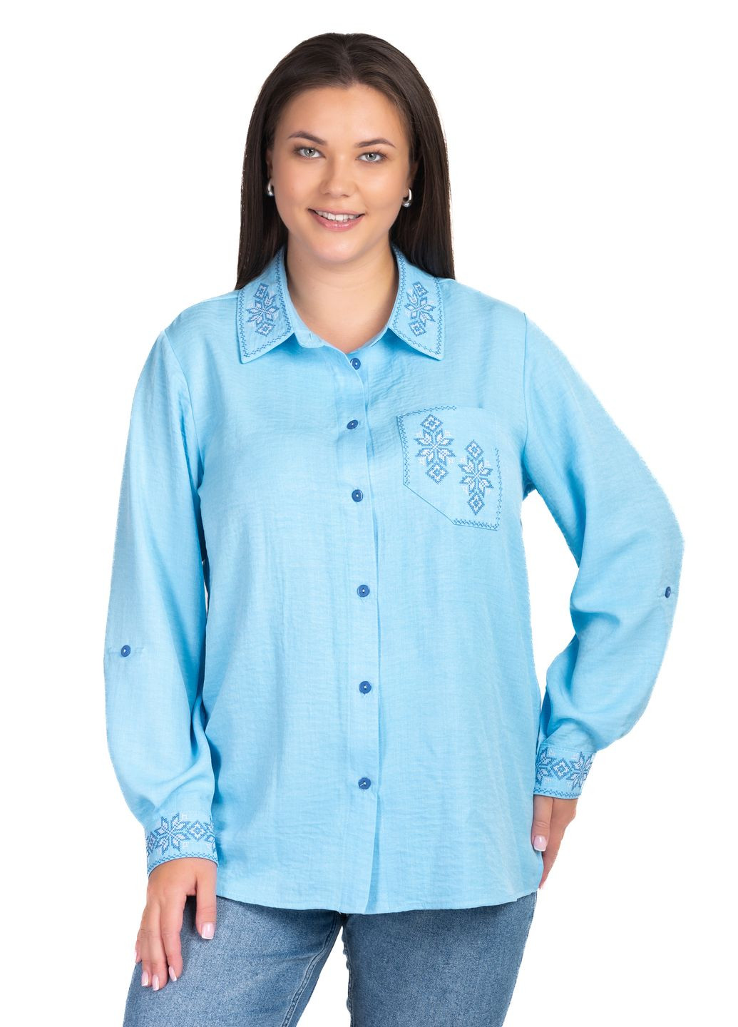Голубая женская рубашка с вышивкой орнамент (голубой) Golfstream свободная полиэстер, лен, эластан (349462115)