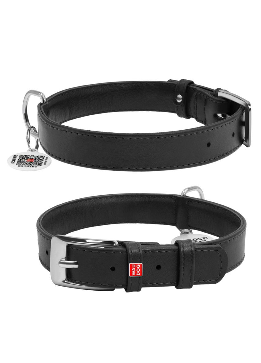 Ошейник для собак кожаный Glamour с QR паспортом, без украшений, M, Ш 20 мм, Дл 30-39 см черный WAUDOG (332879016)