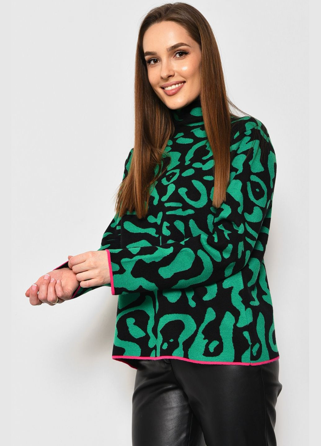 Черный зимний свитер женский с принтом черно-зеленого цвета пуловер Let's Shop
