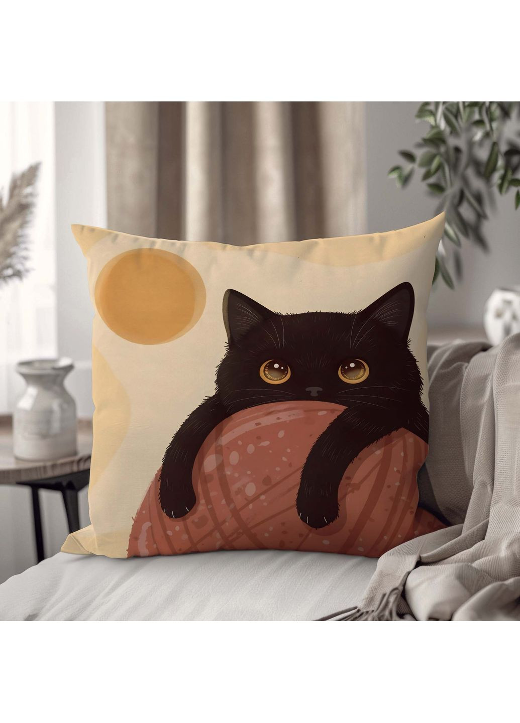 Подушка с принтом черной кошки — стильный зоодекор для дома 45 х 45 см 1330045UA WONKEY (365297608)