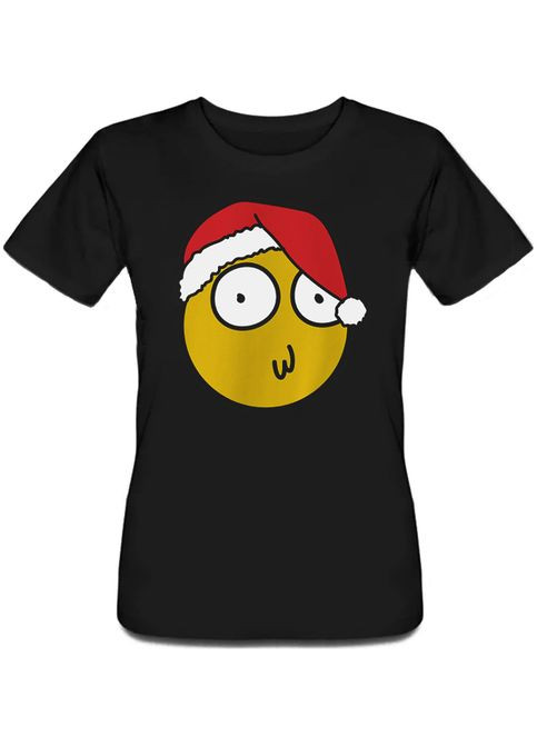 Черная летняя женская новогодняя футболка morty christmas smiley (чёрная) Fat Cat