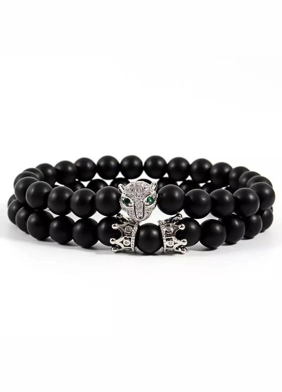 Комплект парных браслетов из шунгита с серебряными коронами и пантерой (12108) Hemst (301071217)