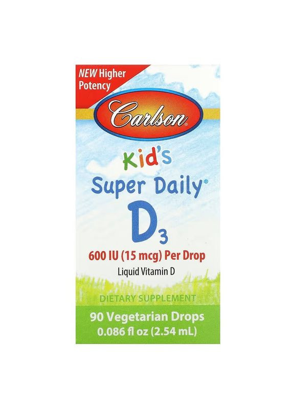 Вітамін D3 для Дітей у Краплях, 600 МО, Kid's Super Daily D3,, 2.54 мл Carlson Labs (332998077)
