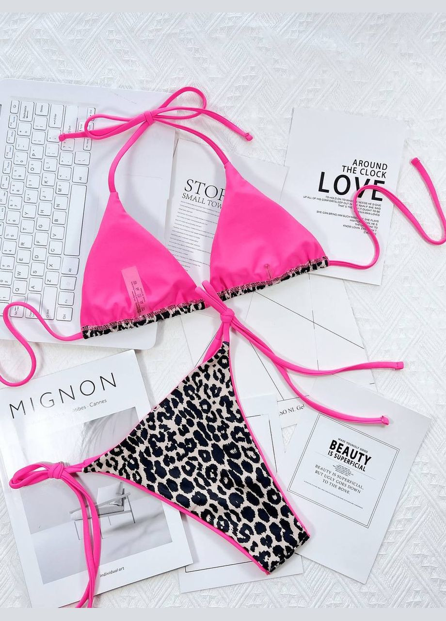 Коричневый женский раздельный купальник бикини на завязках spots черный + салатовый No Brand