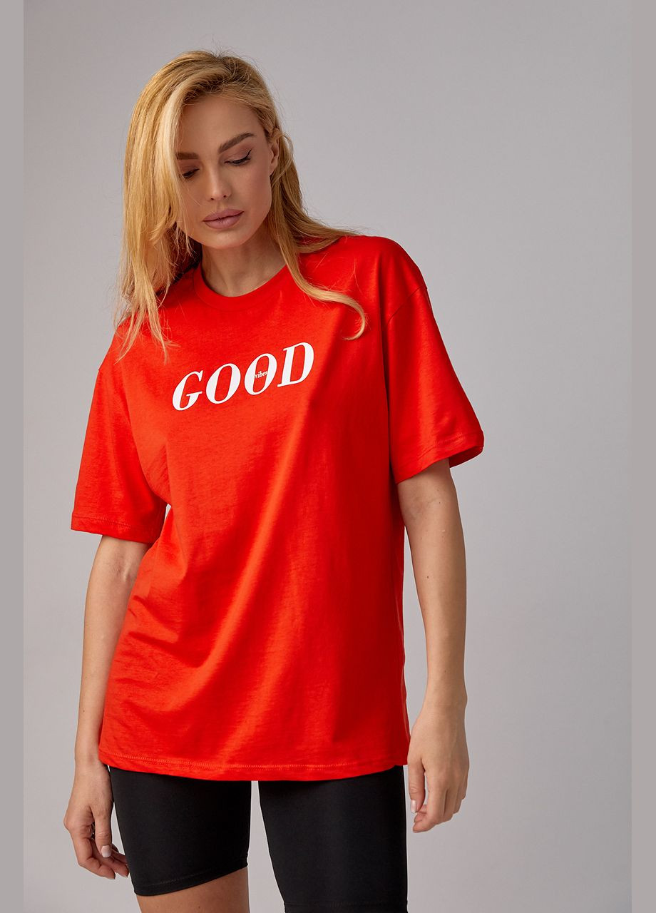 Красная летняя трикотажная футболка с надписью good vibes Lurex