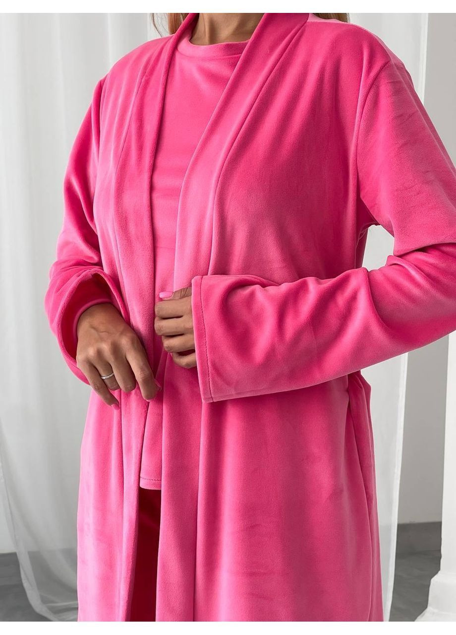 Малиновая всесезон пижама 1675 комплект тройка трикотаж велюр халат,брюки и футболка Україна