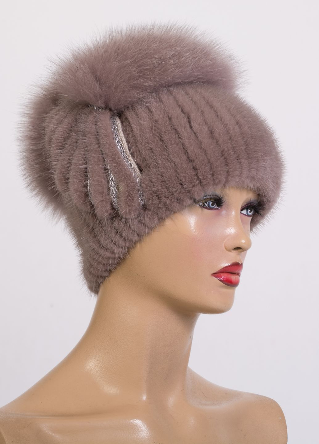 Женская меховая норковая шапка на вязаной основе с помпоном из меха песца Меховой Стиль Спираль (297393359)