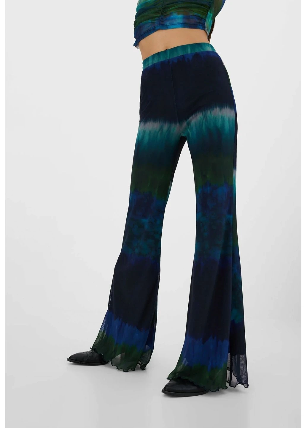Штани-кльош із сітки в техніці tie-dye синьо-зелені M Stradivarius (399998399)