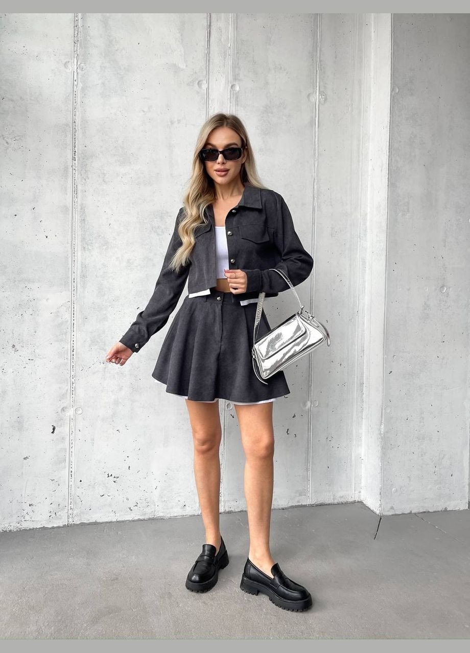 Жіночий вельветовий костюм 2-ка (спідниця-шорти+піджак) графiового кольору 30969 Fashion (317640838)
