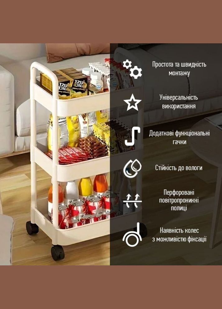 Этажерка мобильная трехъярусная универсальная пластиковая слоновая кость 41*25*72см SW-00002435 SW-00002435 Sticker Wall (317253628)