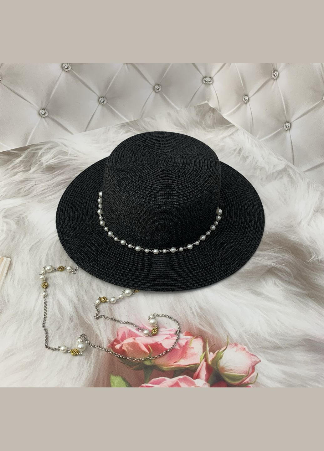 Жіночий літній капелюх канотьє з ланцюжком та перлинами CATALINA No Brand (293943118)