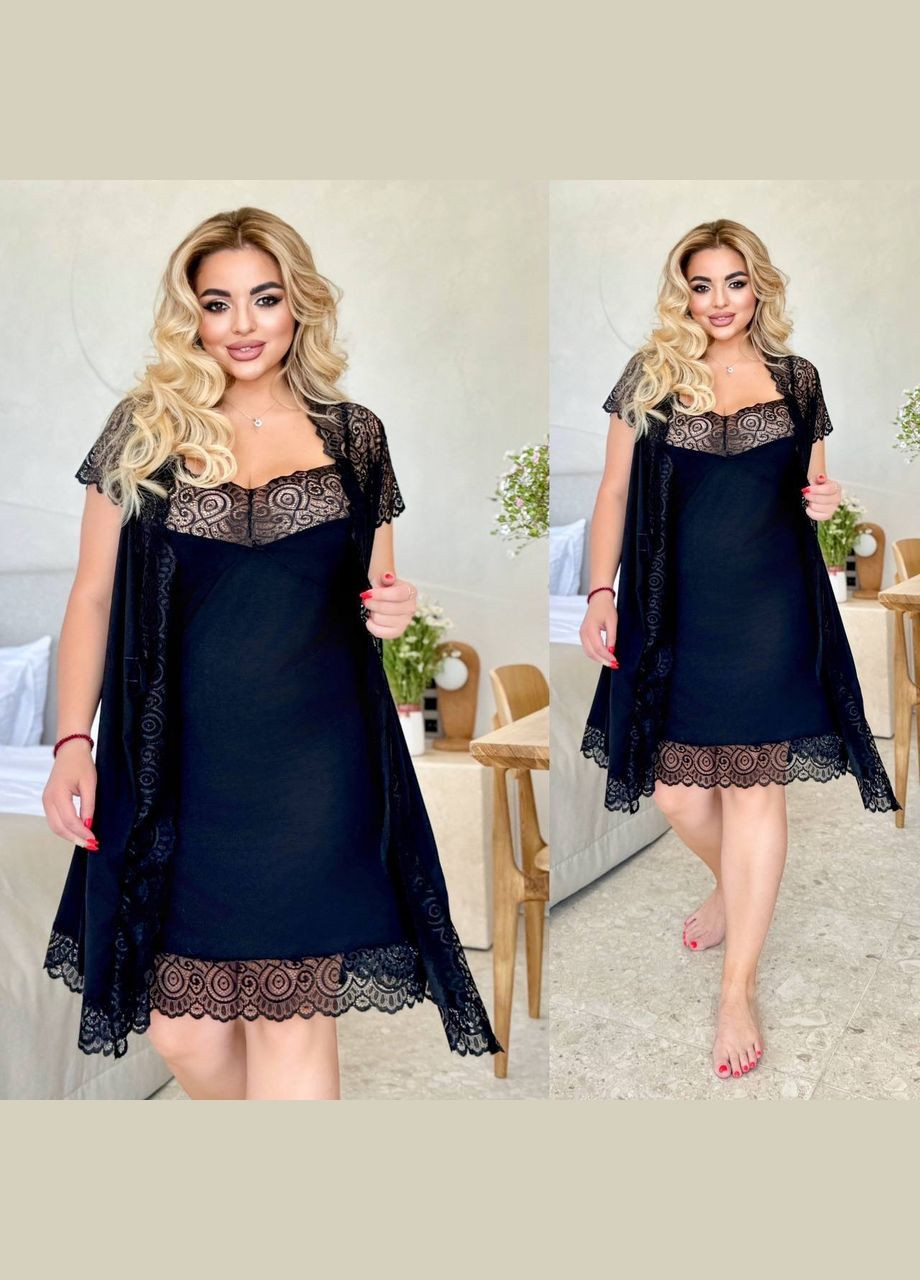 Чорний комплект нічна сорочка + пеньюар No Brand