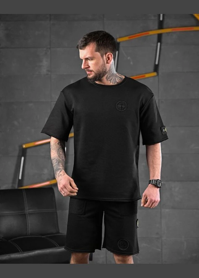 Чоловічий літній костюм Stone Island шорти+футболка чорний Freedom (332167896)