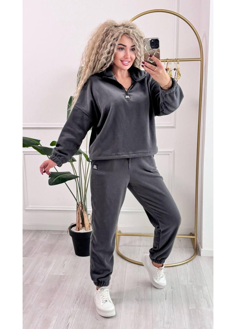 Женский теплый флисовый спортивный костюм оверсайз - толстовка на молнии и брюки. No Brand (365858481)