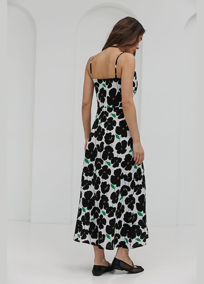 Молочна довга літня сукня з молочним розрізом в чорні квіти Arjen