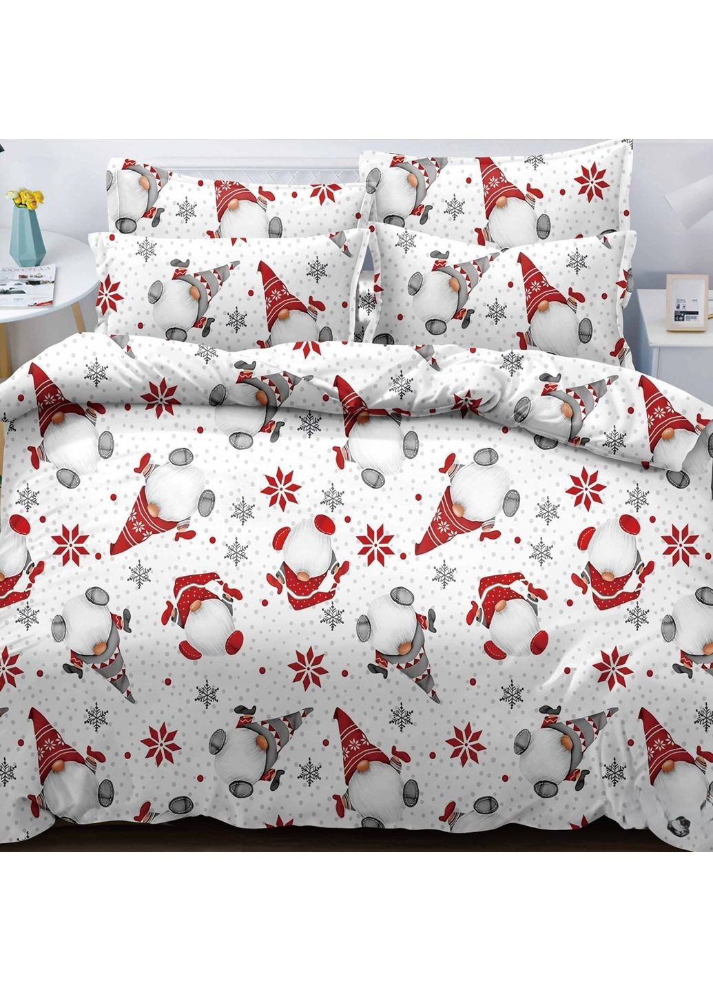 Постельное белье полуторное белое новогоднее Рождественские гномы Фланель Байка 954703 Ananasko (370281625)