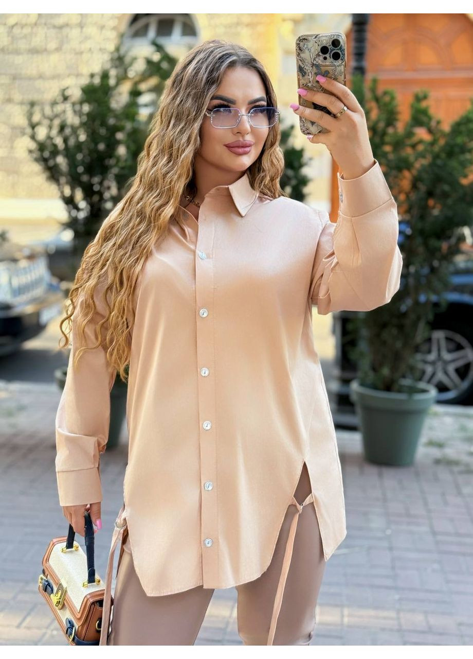 Бежевая повседневный рубашка однотонная DK/DL Мода без кордонів с длинным рукавом