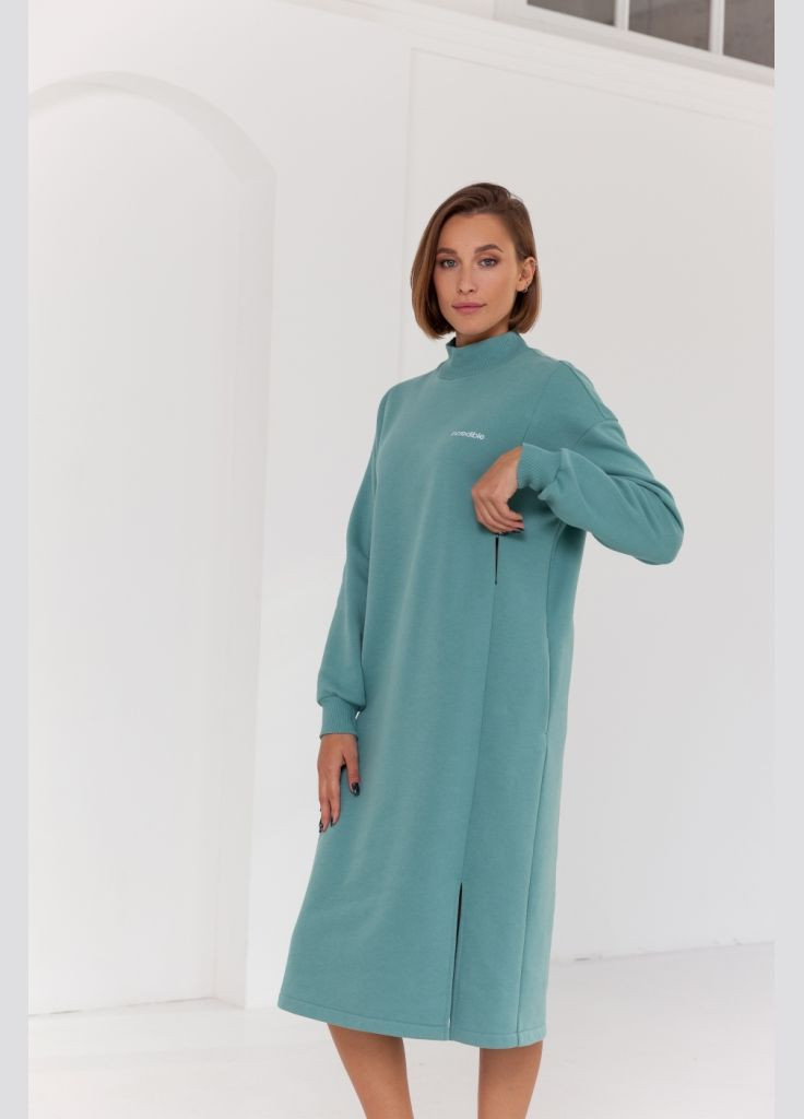 Зелена стильна сукня для вагітних та годуючих тепла з начосом колір полин Юла мама