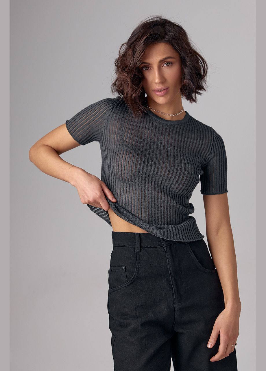 Темно-сіра літня жіноча футболка з ажурною в'язкою 241049 з коротким рукавом Lurex