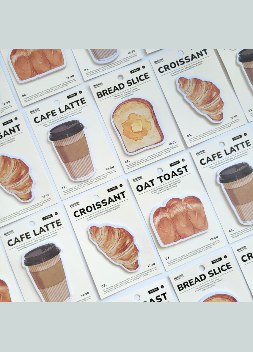 Набор милых отрывных стикеров заметок в виде хлеба, тоста и кофе Croissant 30 шт. No Brand (322872700)