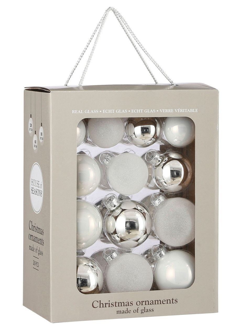 Елочные стеклянные шарики «House of Seasons» комплект 26 шт, Ø 7/6/5 см, белые H&S (326025503)