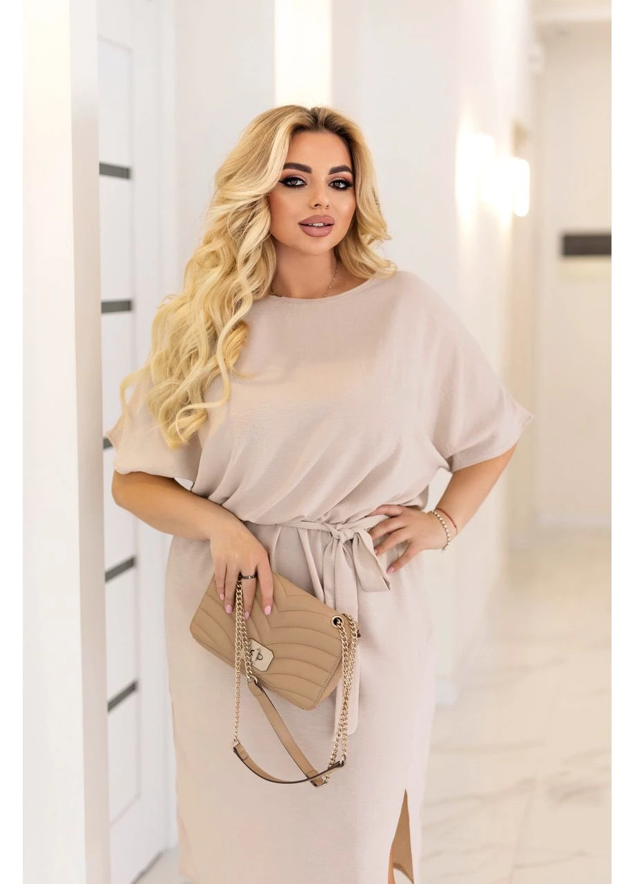Бежевое летнее платье с поясом Fashion