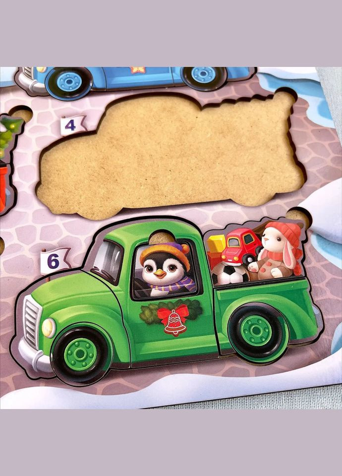 Дерев'яна гра з картками "Тварини на машинках" (ПСФ132) PSF132, 42 деталі і 12 карток Ubumblebees (302010176)