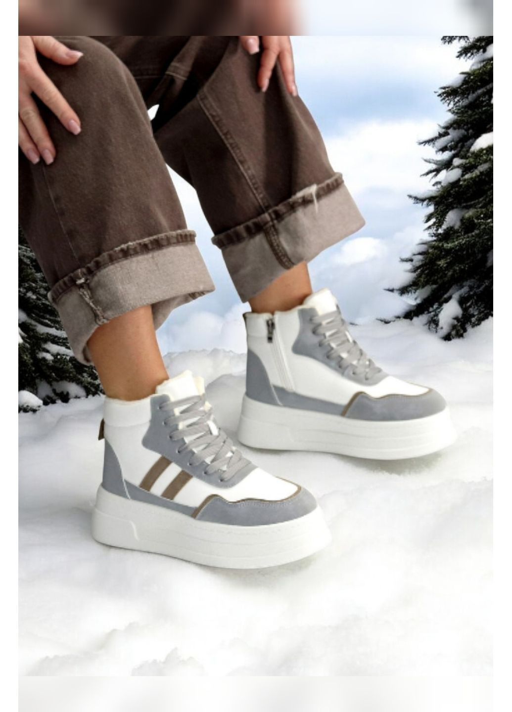 Жіночі зимові високі кросівки білі з сірими вставками теплі хайтопи з хутром на товстій підошві на блискавці Viki Хайтопи білі зими (370547136)