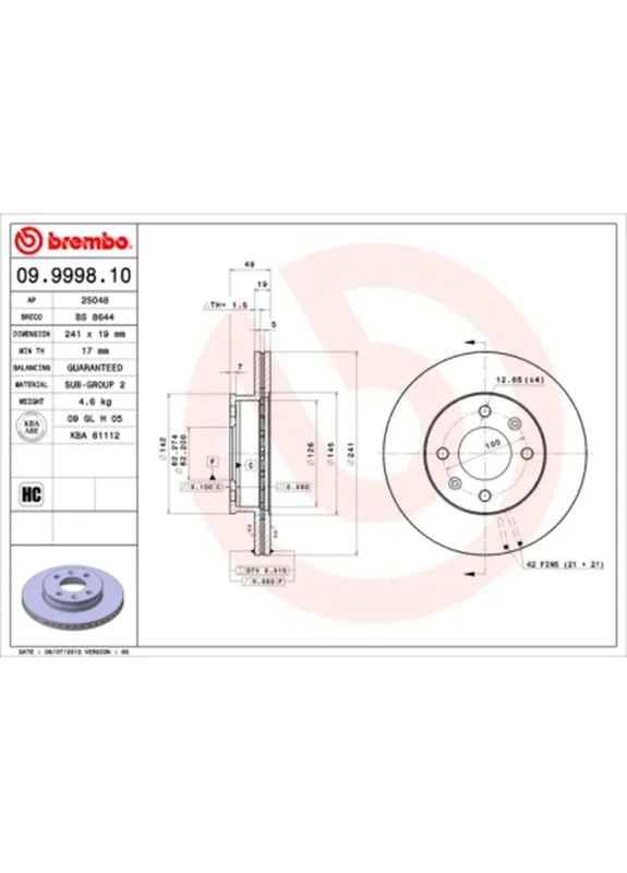 Тормозной диск 09.9998.10 Brembo (399291826)
