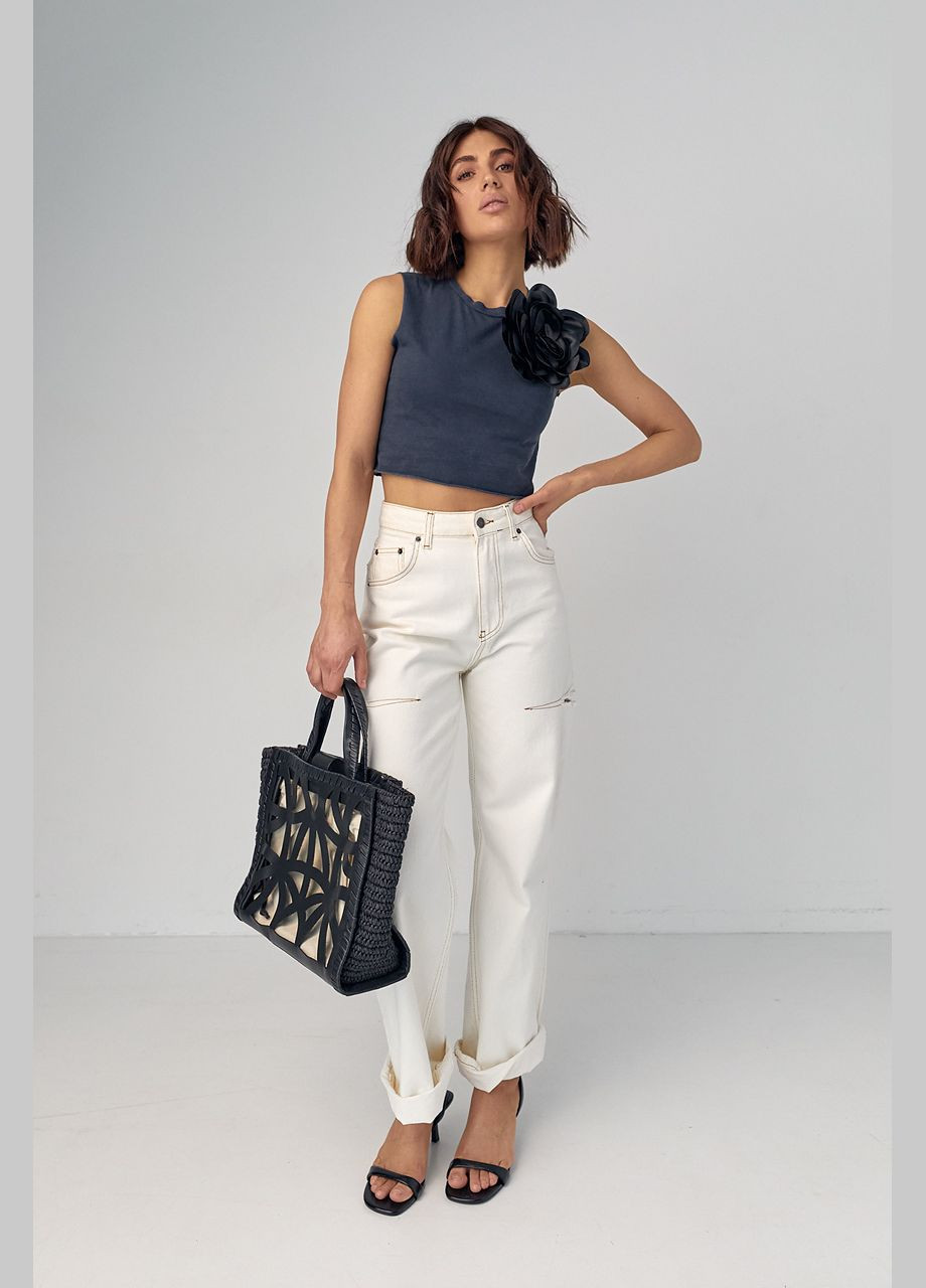 Коротка трикотажна майка-топ з об'ємною квіткою Lurex — 291762025