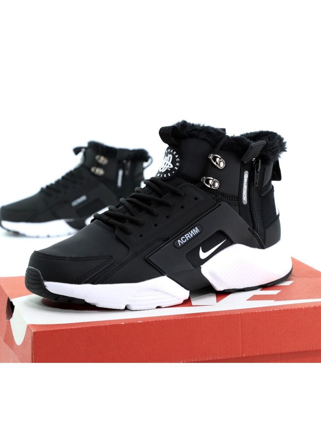 Черные зимние кроссовки зимние мужские nike huarache x acronym winter mid black fur | найк хуарачи х акронум высокие черные с мехом No Brand
