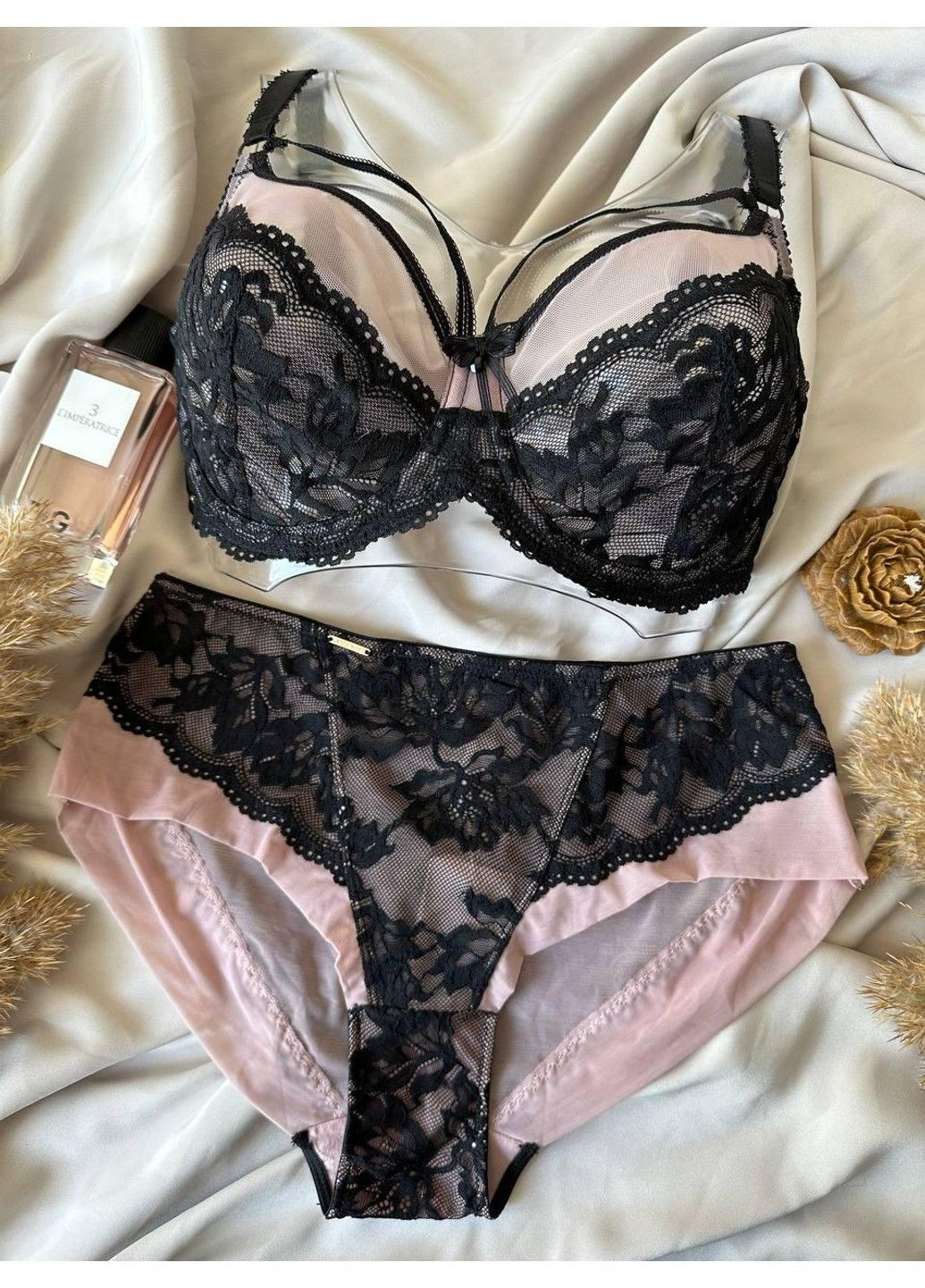 Черный комплект бюстгальтер с портупеей + трусики слип 11189 черно-бежевый Lanny Mode