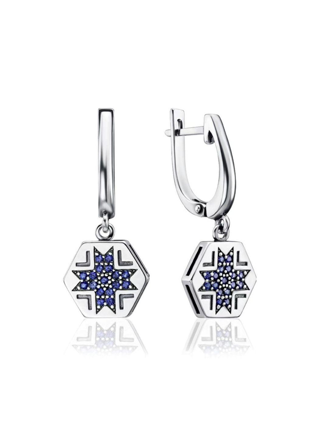 Серебряные серёжки серьги Вышиванка с Синими камнями черненное серебро 925 пробы 82152с 5.34г No Brand (307289206)