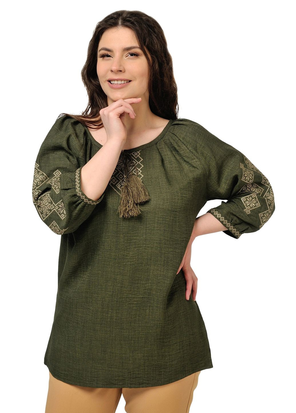 Хакі жіноча вишиванка слобожаночка з матеріалу льон "бохо" (хакі) Golfstream пряма поліестер, льон (292653115)